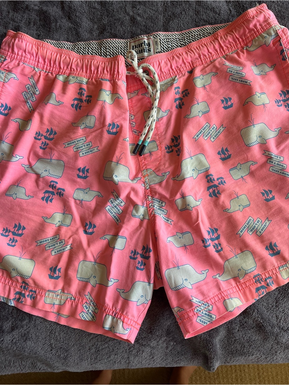 Party Pants Pink Whale Print Swim Trunks
